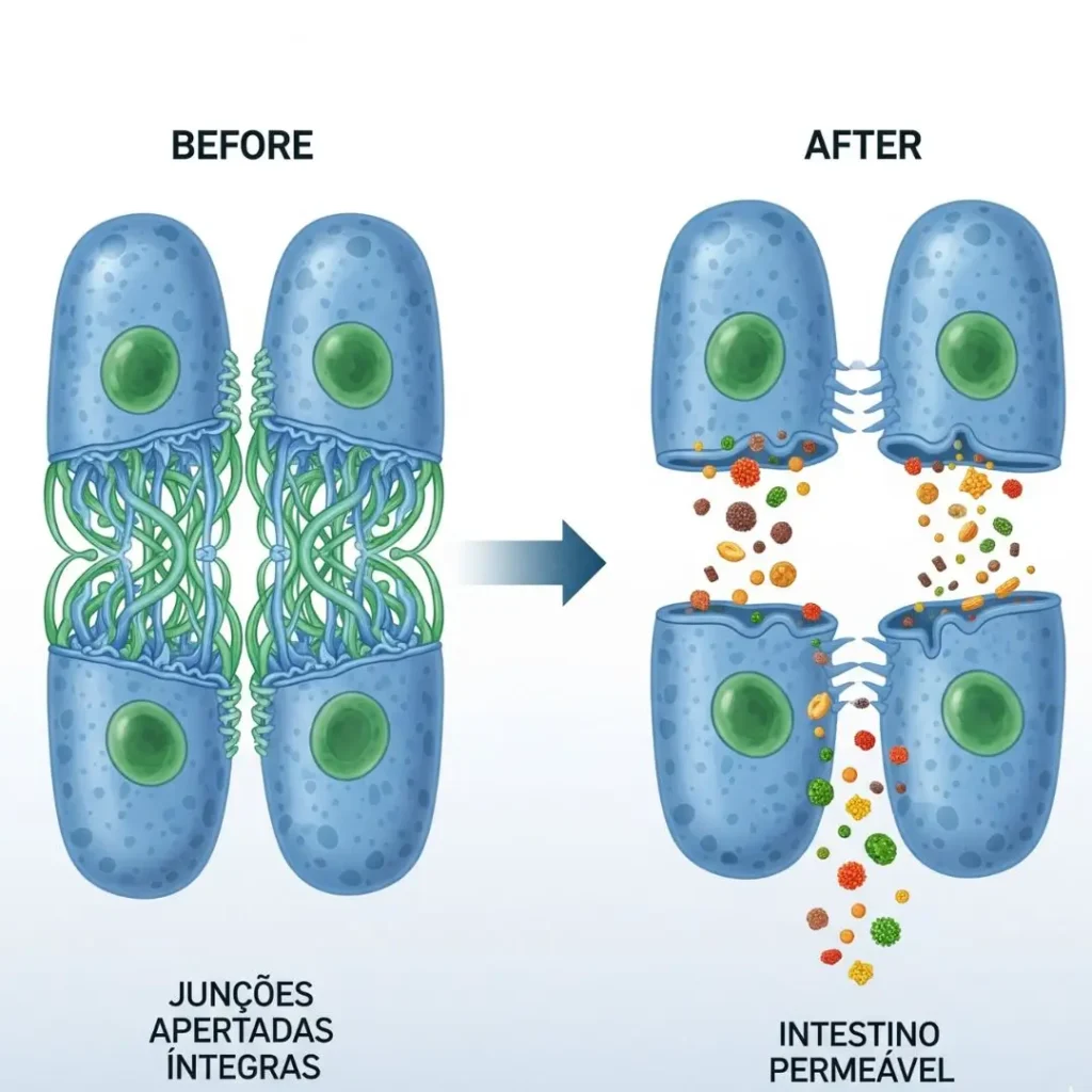 Diagrama comparativo mostrando a diferença entre uma barreira intestinal saudável e um intestino permeável (leaky gut)