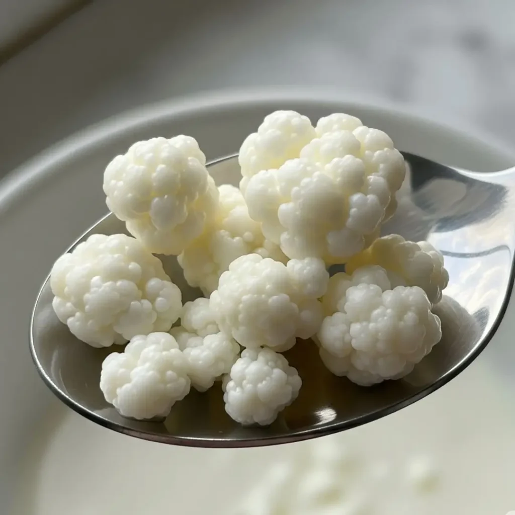 Grãos de kefir de leite, ricos em probióticos.