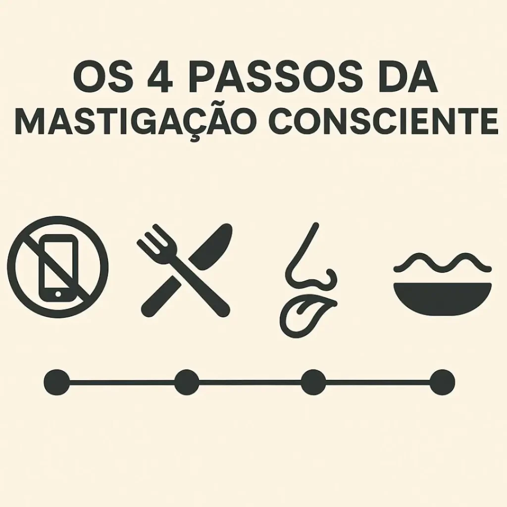 Infográfico com 4 passos para reaprender a mastigar corretamente e melhorar a digestão