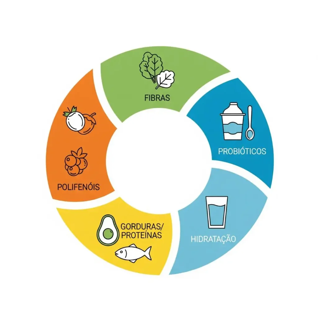 Infográfico dos 5 pilares da alimentação para um intestino saudável.