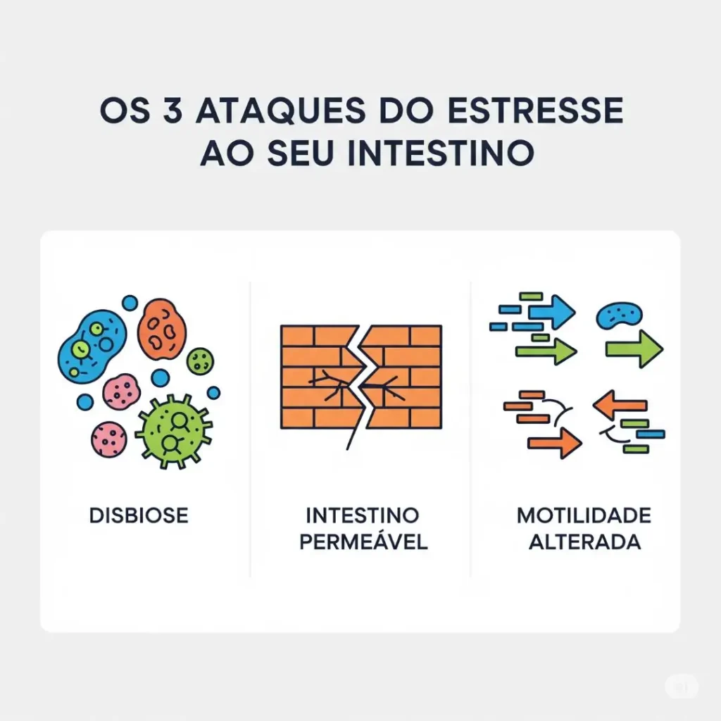 Infográfico explicando os três mecanismos de como o estresse afeta o intestino disbiose, intestino permeável e motilidade