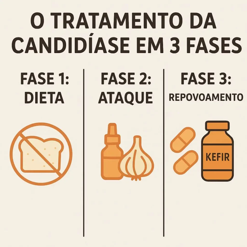 Infográfico mostrando as 3 fases do tratamento para candidíase intestinal dieta, antifúngicos e probióticos