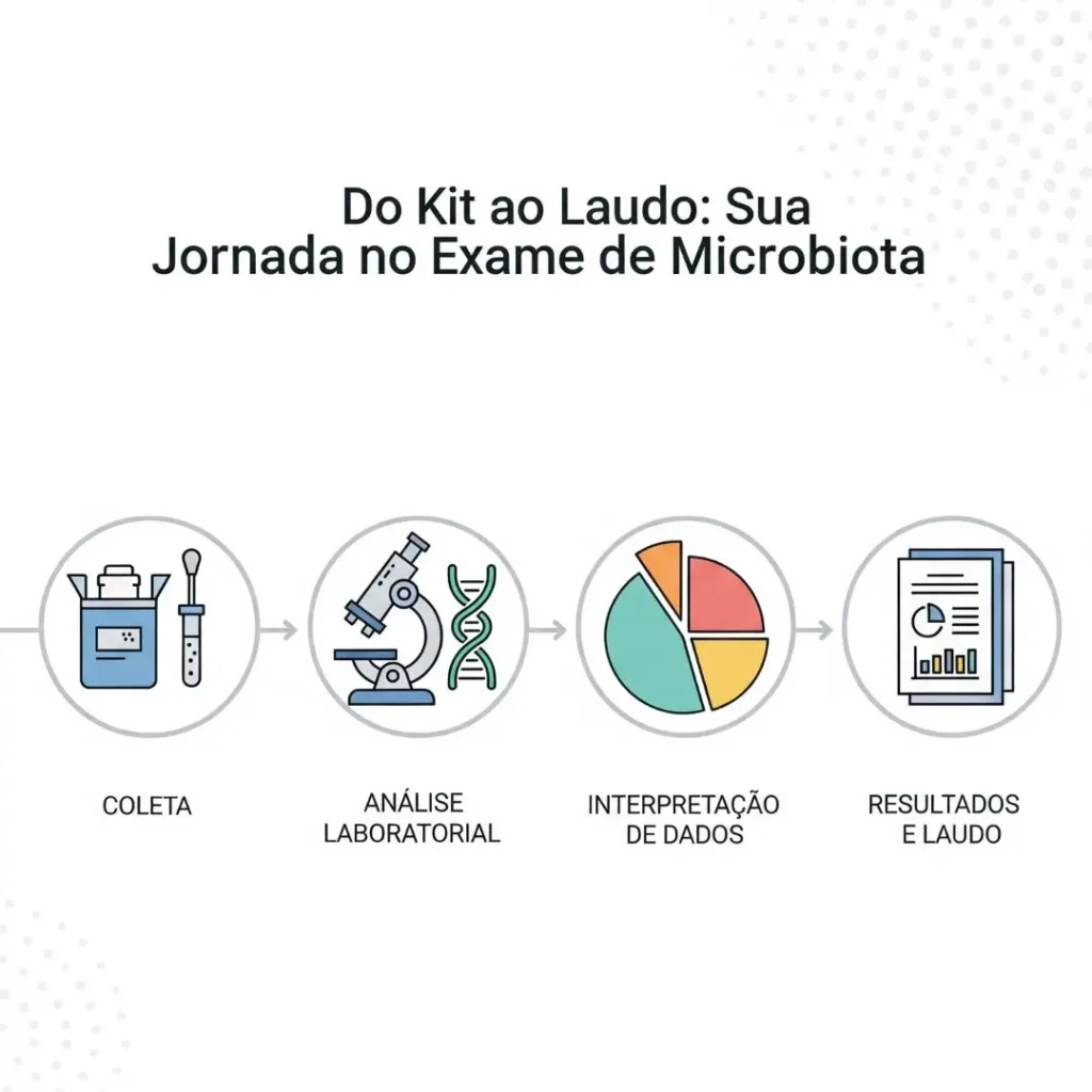 Infográfico mostrando os 4 passos do exame de microbiota intestinal, da coleta à entrega do resultado