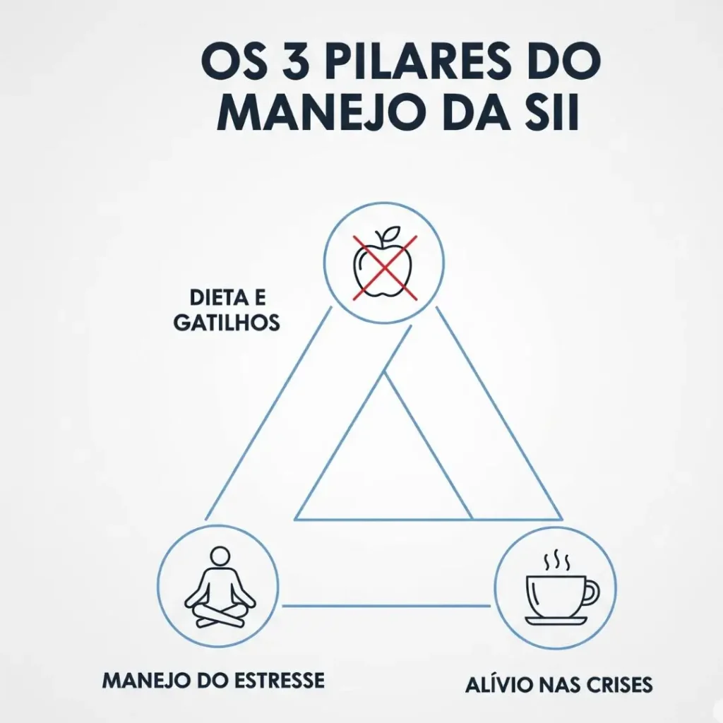 Infográfico mostrando os três pilares para aliviar os sintomas da Síndrome do Intestino Irritável