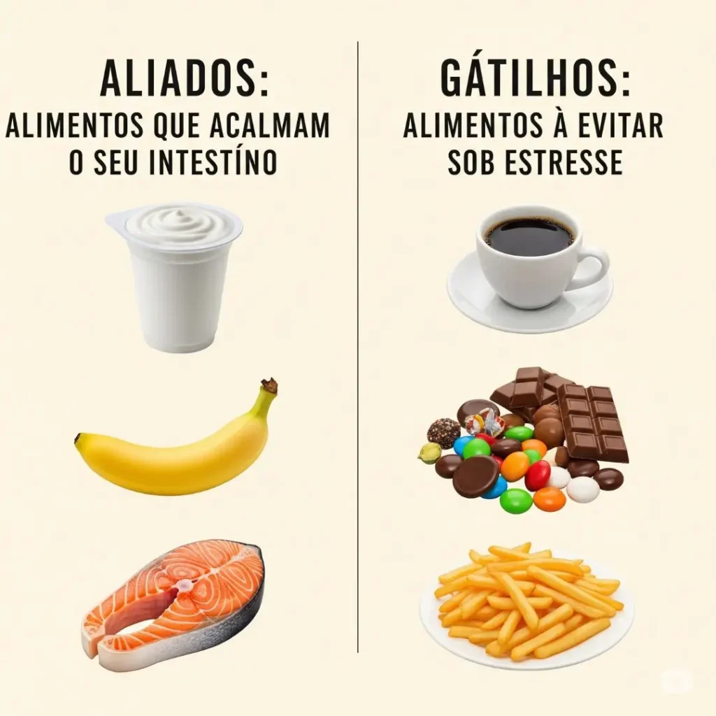 Tabela comparando alimentos que ajudam a saúde do intestino contra alimentos que pioram os sintomas do estresse
