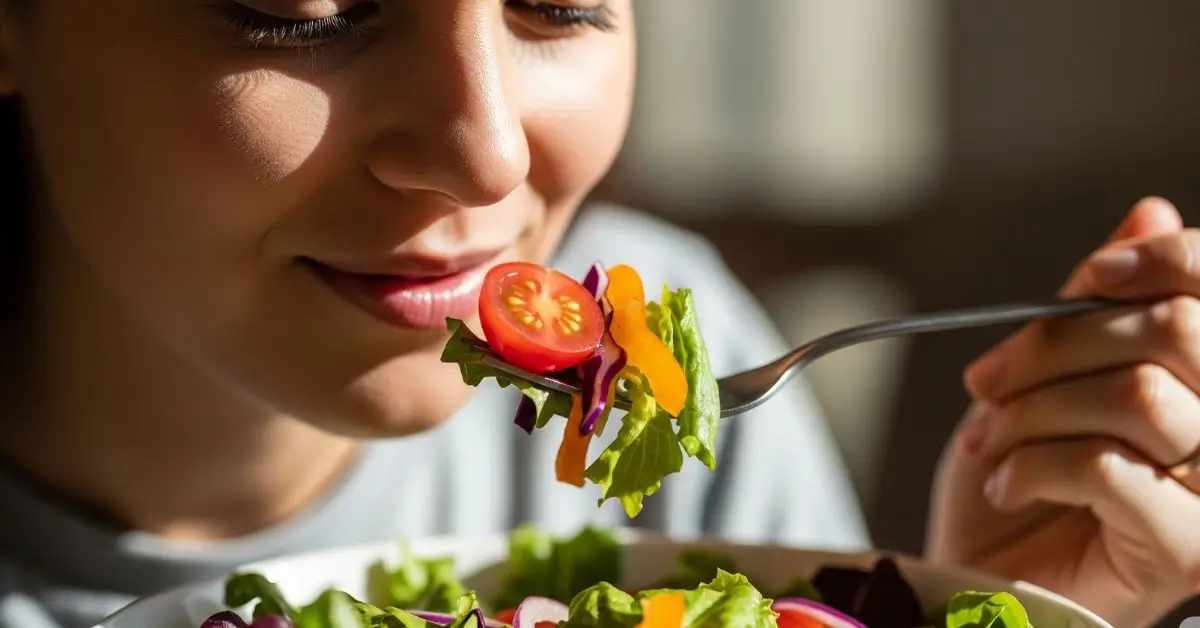 Mulher demonstrando a importância da mastigação para a digestão ao comer uma refeição saudável de forma consciente