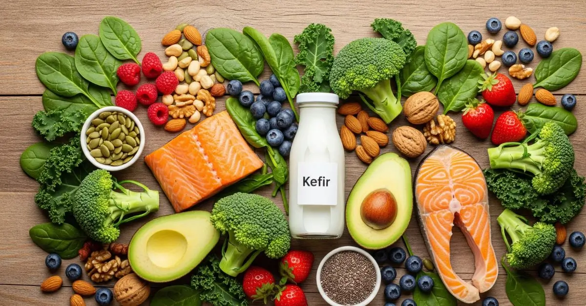 Visão geral da alimentação para o intestino, com uma variedade de alimentos saudáveis ricos em fibras, probióticos e gorduras boas.