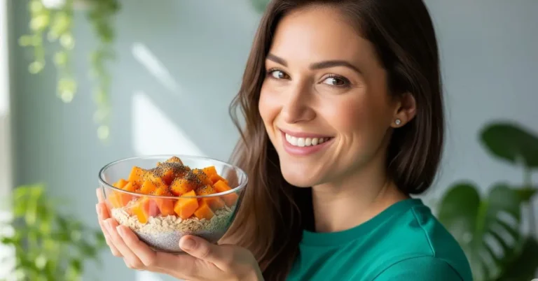 Mulher preparando um café da manhã com alimentos que soltam o intestino preso na hora.