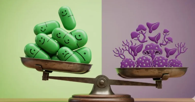 Ilustração do tratamento bem-sucedido da candidíase intestinal, restaurando o equilíbrio da microbiota