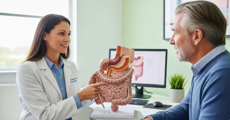 Médico explicando as diferenças entre Doença de Crohn e Retocolite Ulcerativa para um paciente