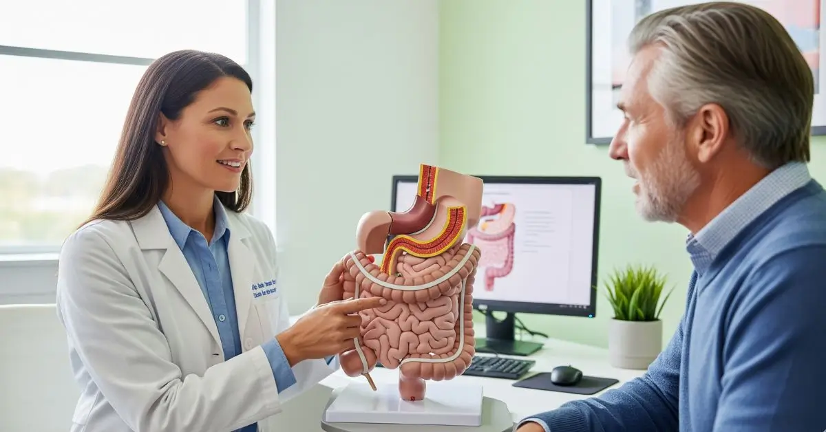 Médico explicando as diferenças entre Doença de Crohn e Retocolite Ulcerativa para um paciente