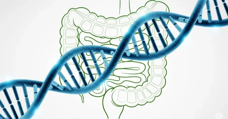 Ilustração do conceito do exame de microbiota intestinal, mostrando a conexão entre o sequenciamento de DNA e a saúde do intestino