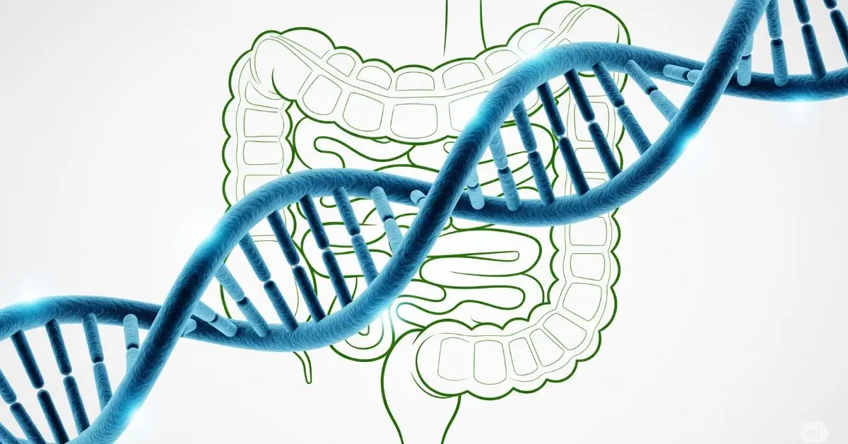 Ilustração do conceito do exame de microbiota intestinal, mostrando a conexão entre o sequenciamento de DNA e a saúde do intestino