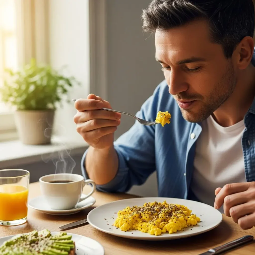 homem saboreando ovos mexidos com cúrcuma e sementes no café da manhã