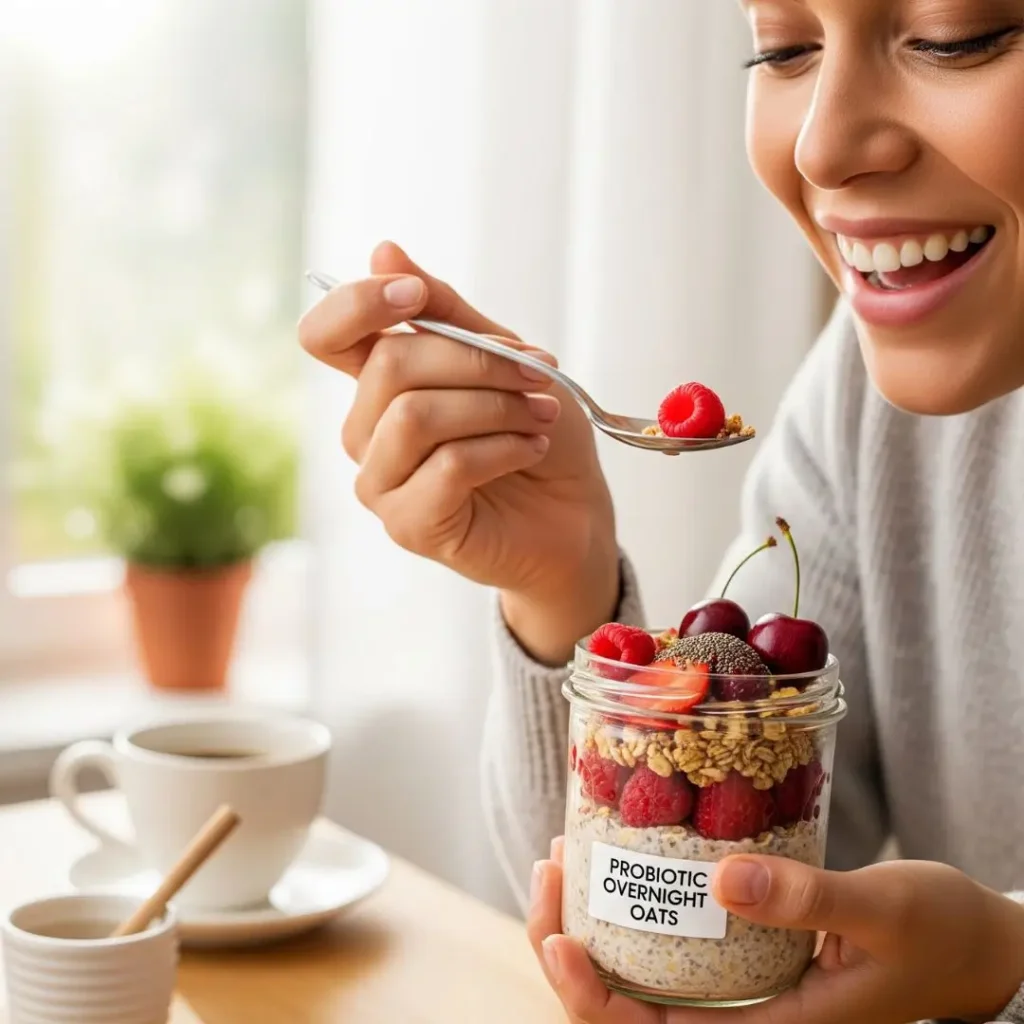 mulher sorri enquanto come 'overnight oats' com frutas vermelhas no café da manhã