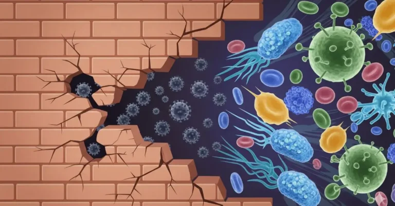 Ilustração explicando o que é a Síndrome do Intestino Permeável (Leaky Gut), mostrando uma barreira intestinal danificada