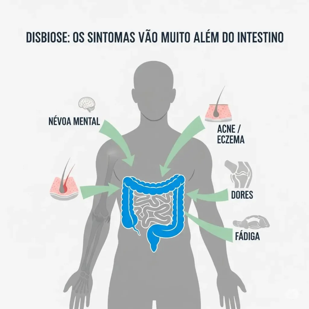Infográfico mostrando como os sintomas da disbiose intestinal afetam o corpo todo
