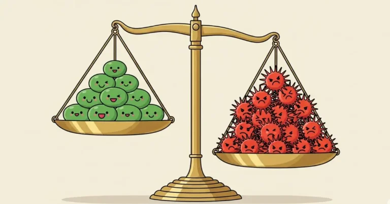 Ilustração do desequilíbrio da microbiota que causa a disbiose intestinal e seus sintomas
