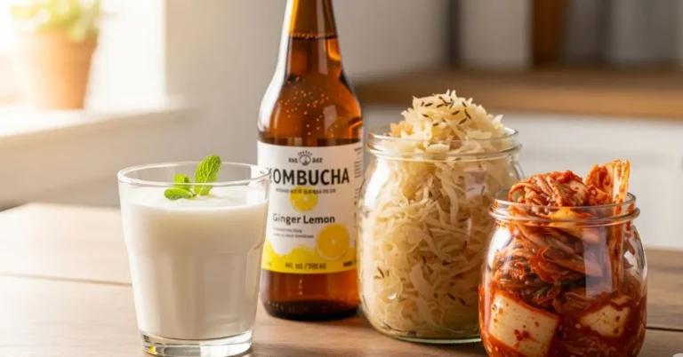 ariedade de alimentos fermentados e seus benefícios para a saúde, incluindo kefir, kombucha e chucrute.