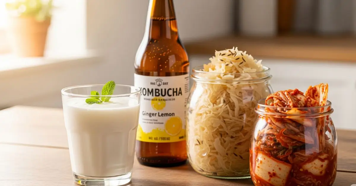 ariedade de alimentos fermentados e seus benefícios para a saúde, incluindo kefir, kombucha e chucrute.