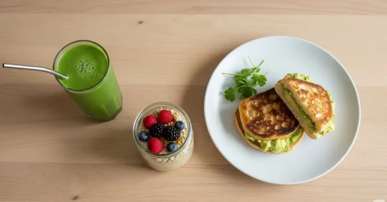 Mesa com diferentes receitas de café da manhã para um intestino saudável, incluindo overnight oats e vitamina verde.