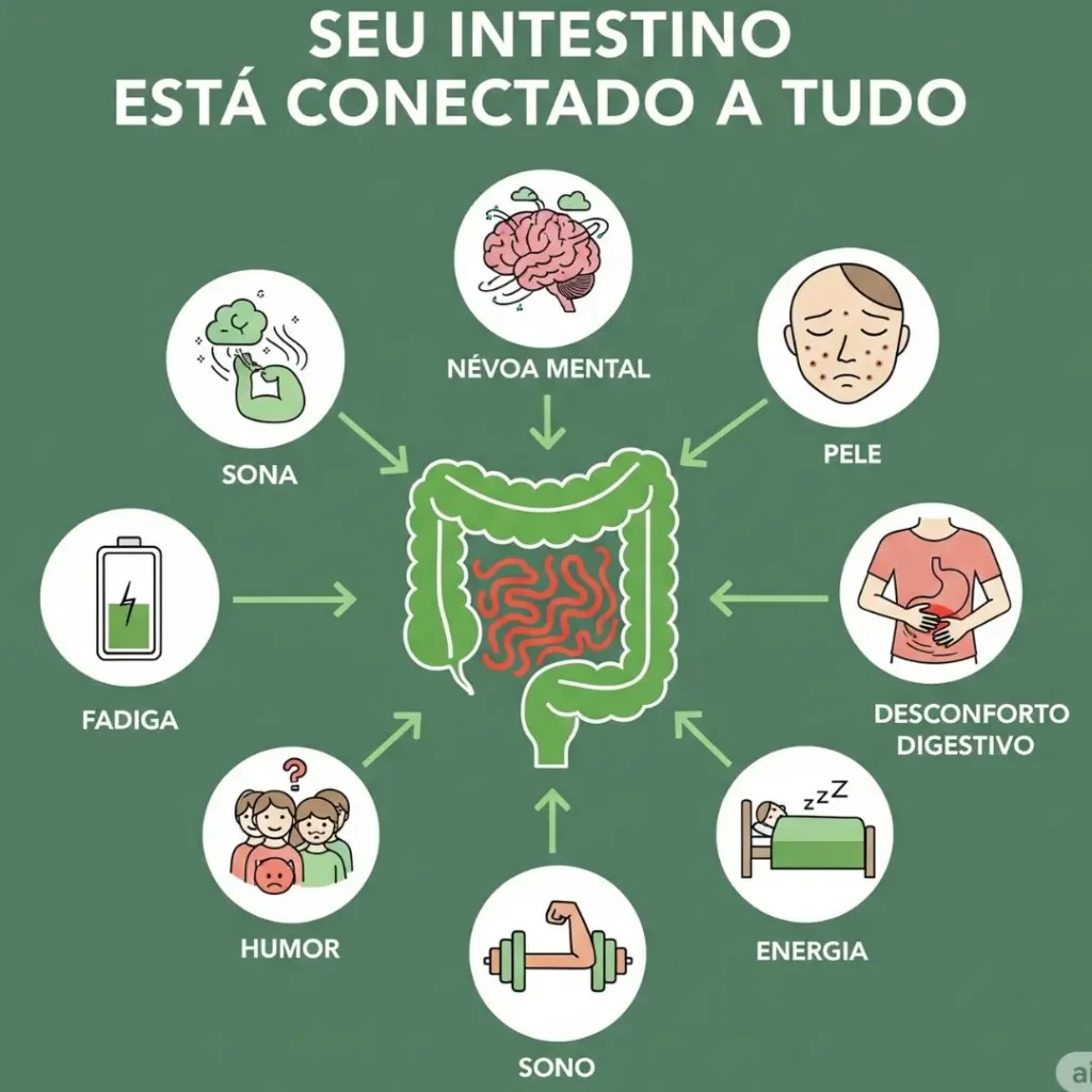 Infográfico mostrando os 7 principais sinais de que o intestino não vai bem e sua conexão com o corpo todo