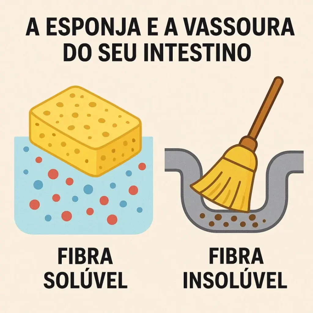 Infográfico explicando a diferença de ação entre a fibra solúvel (esponja) e a fibra insolúvel (vassoura) no intestino.