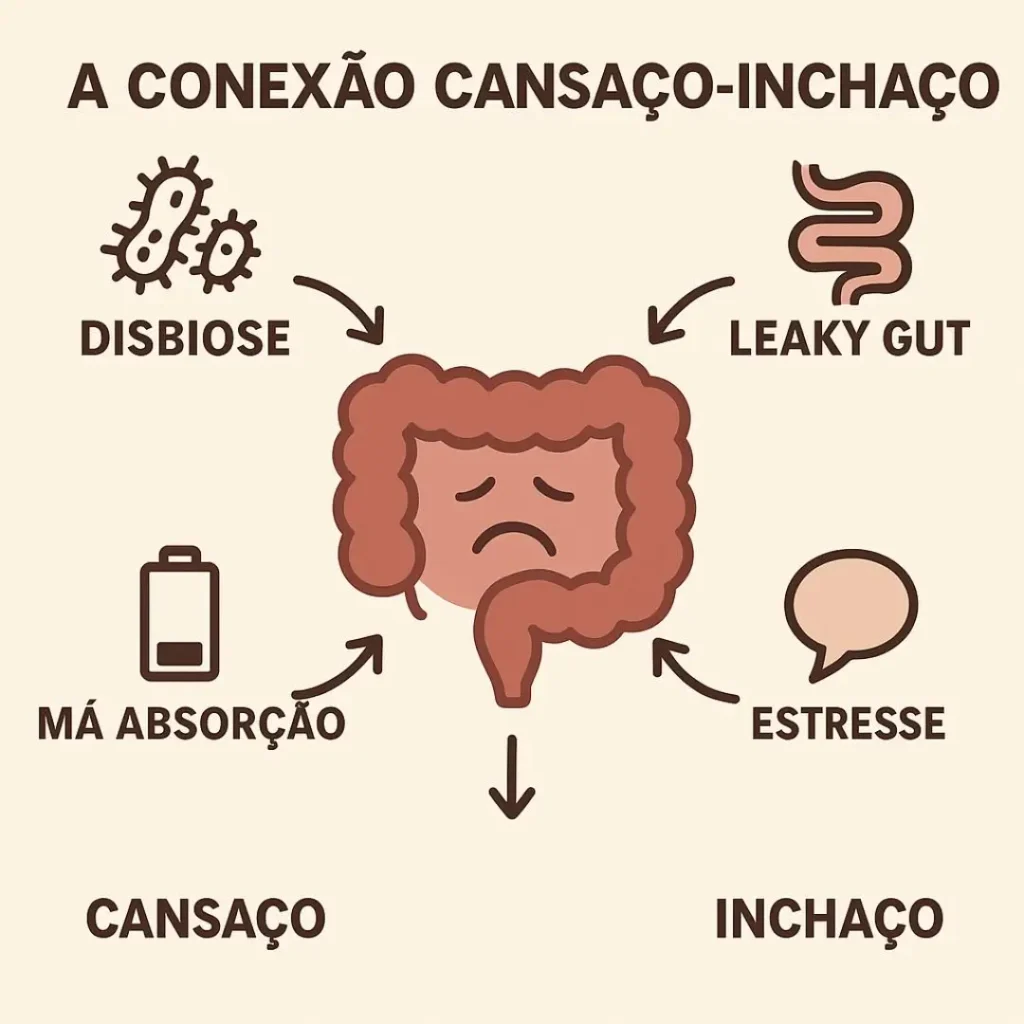Infográfico explicando as 4 causas intestinais que te fazem sentir sempre cansado e inchado