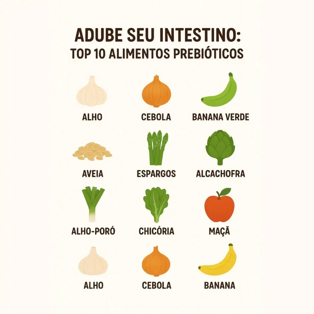 Infográfico listando os 10 alimentos mais ricos em fibras prebióticas para a saúde intestinal