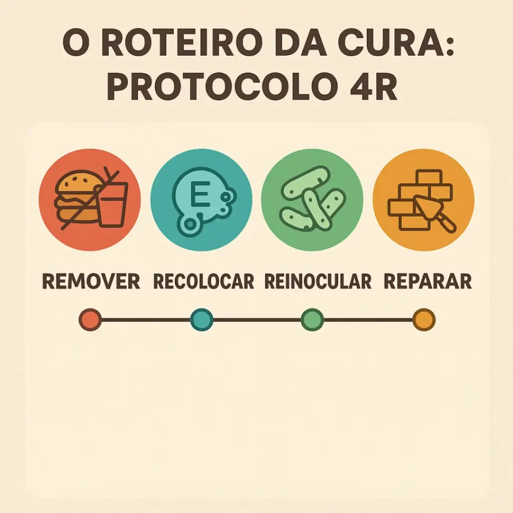 Infográfico mostrando as 4 fases do Protocolo 4R para curar o intestino permeável e um cronograma realista