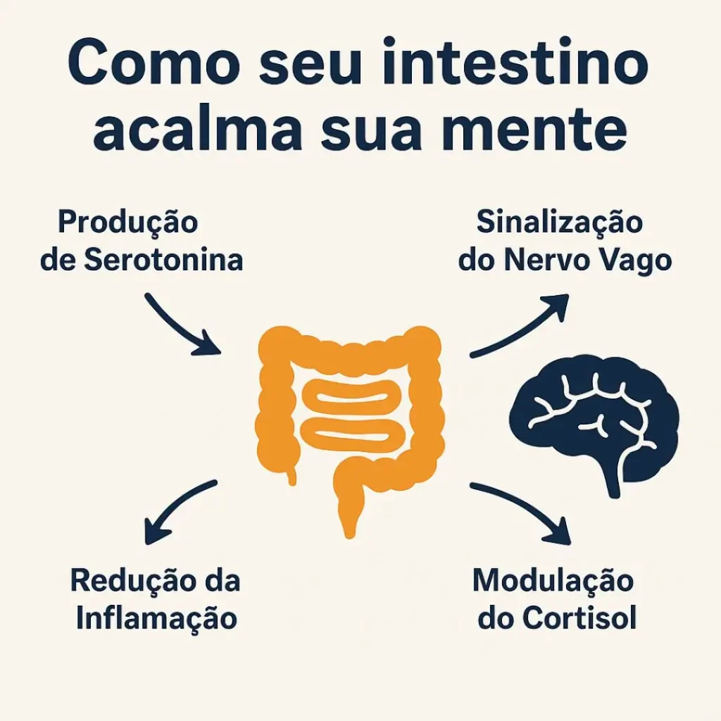 Infográfico mostrando os 4 mecanismos de como a saúde do intestino afeta o humor