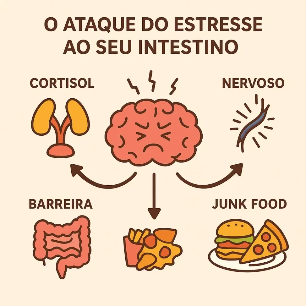 Infográfico mostrando os 4 mecanismos pelos quais o estresse crônico causa disbiose intestinal.