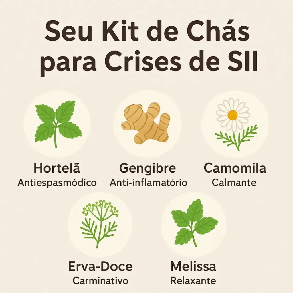 Infográfico mostrando os 5 melhores chás para aliviar a cólica da SII e suas principais propriedades