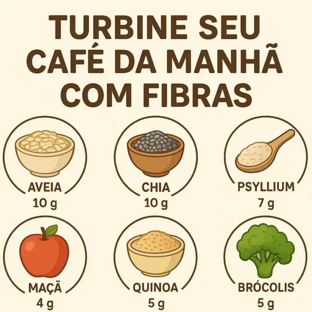 Infográfico mostrando os 7 melhores alimentos para um café da manhã rico em fibras