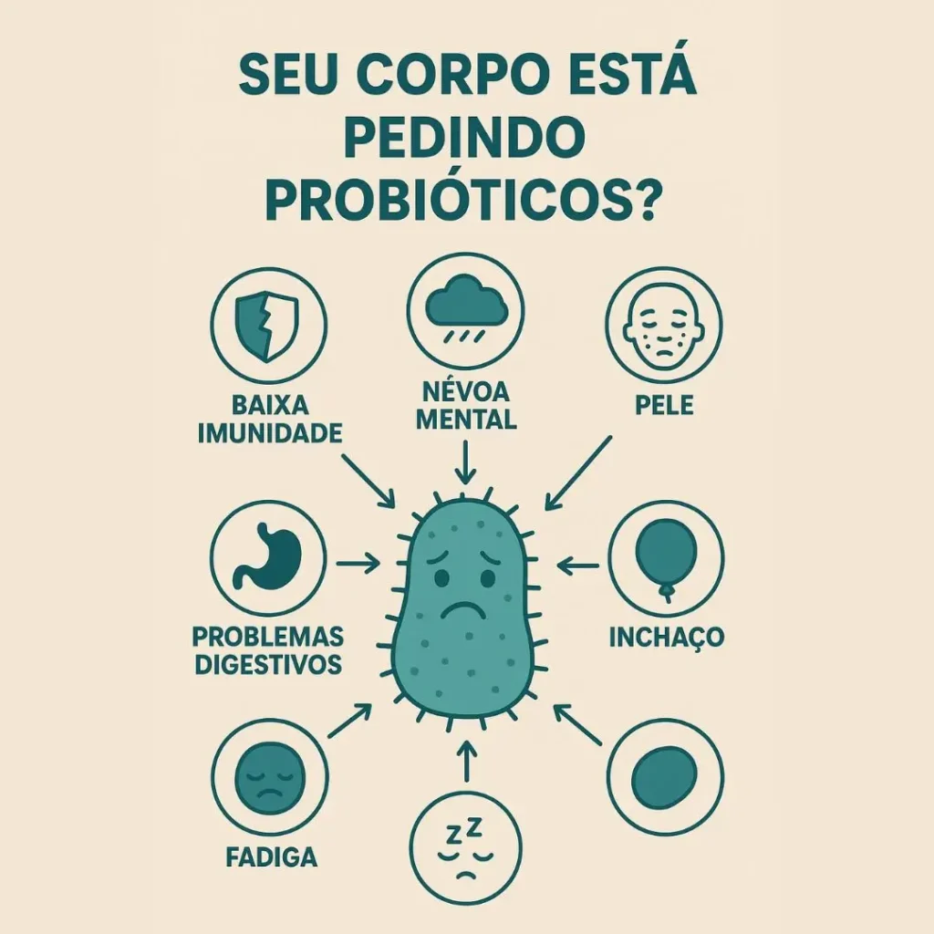 Infográfico mostrando os 7 principais sintomas de falta de probióticos e disbiose intestinal.