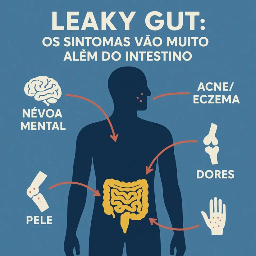 Infográfico mostrando os principais sintomas para saber se tenho intestino permeável e como eles afetam o corpo todo