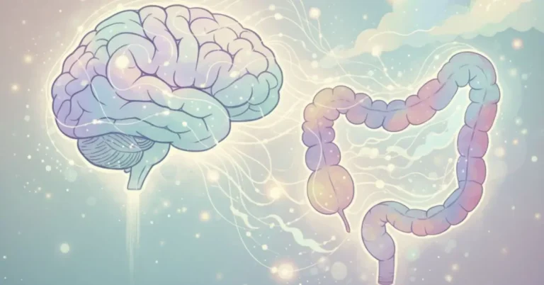 Ilustração do eixo cérebro-intestino, mostrando a conexão entre ansiedade e os sintomas da Síndrome do Intestino Irritável (SII)