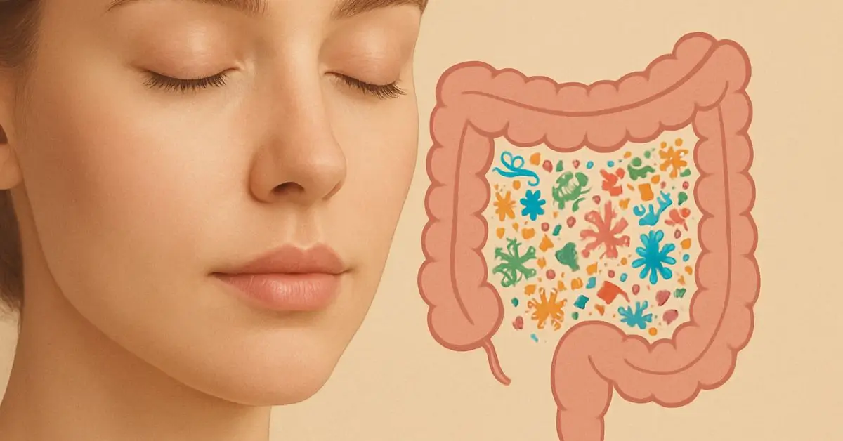 Ilustração mostrando como a disbiose afeta a pele, com a saúde do intestino refletida em uma pele radiante