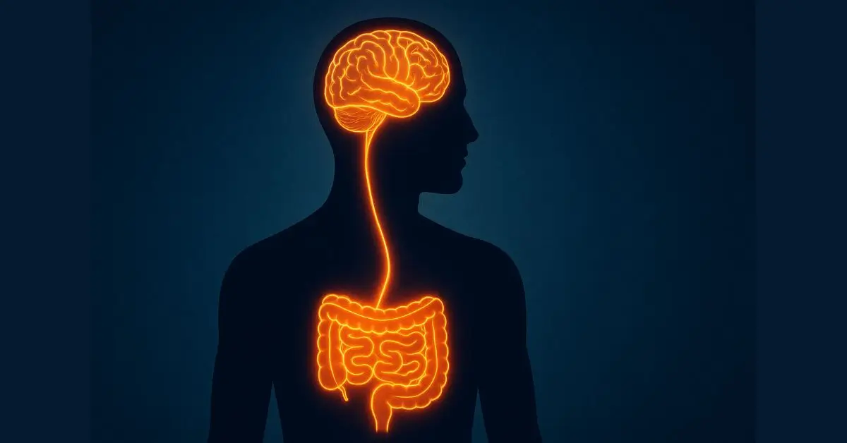 Ilustração do eixo intestino-cérebro mostrando como a saúde do intestino afeta o humor e o bem-estar emocional