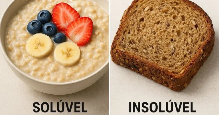 Comparativo visual mostrando a diferença entre fibra solúvel, em uma tigela de aveia, e fibra insolúvel, em um pão integral