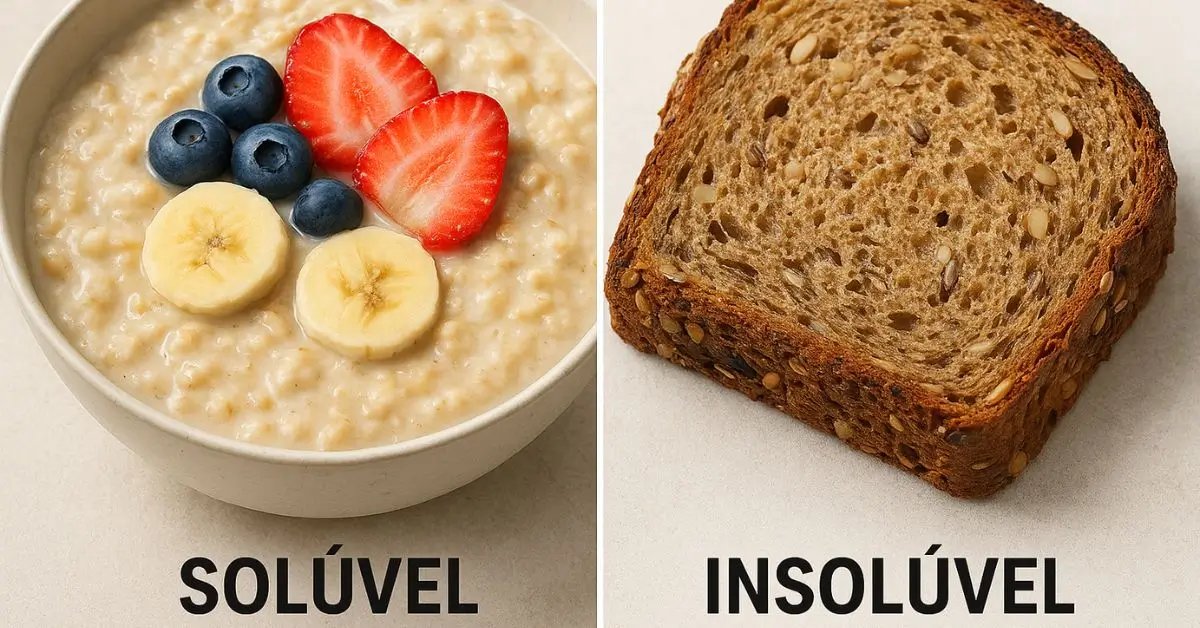 Comparativo visual mostrando a diferença entre fibra solúvel, em uma tigela de aveia, e fibra insolúvel, em um pão integral