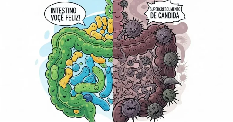 Ilustração conceitual de um intestino com disbiose e supercrescimento de Candida albicans, explicando a causa da candidíase de repetição