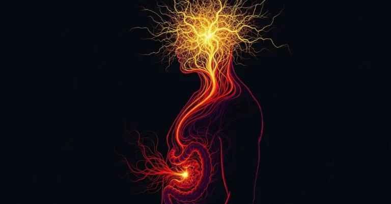 Ilustração do eixo cérebro-intestino mostrando como o estresse pode causar disbiose e problemas digestivos