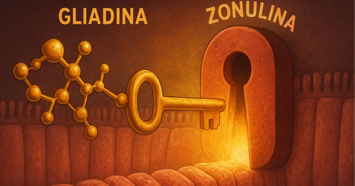 Ilustração do mecanismo de como o glúten pode causar leaky gut (intestino permeável) através da ativação da proteína zonulina