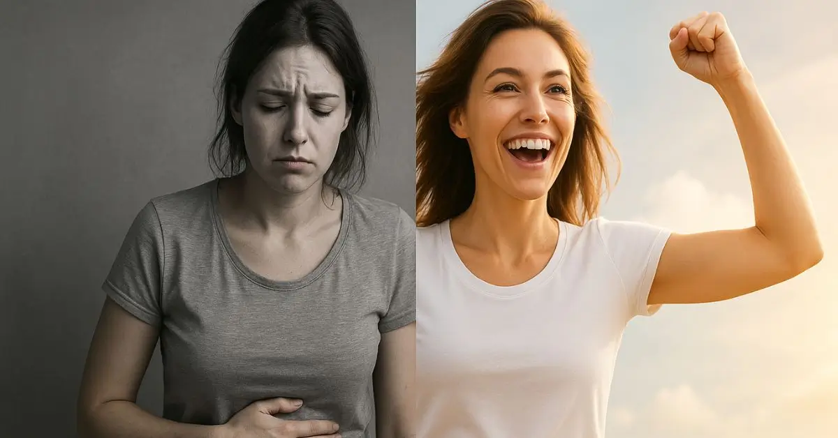 Comparativo mostrando como resolver as causas de se sentir sempre cansado e inchado através da saúde intestinal