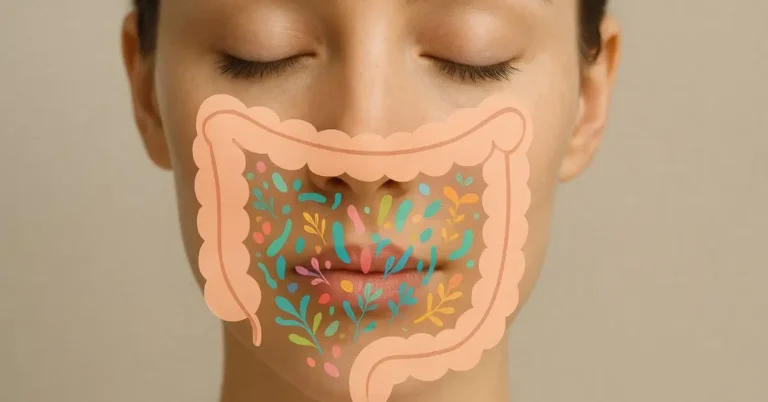 Ilustração mostrando como a disbiose afeta a pele, com a saúde do intestino refletida em uma pele radiante