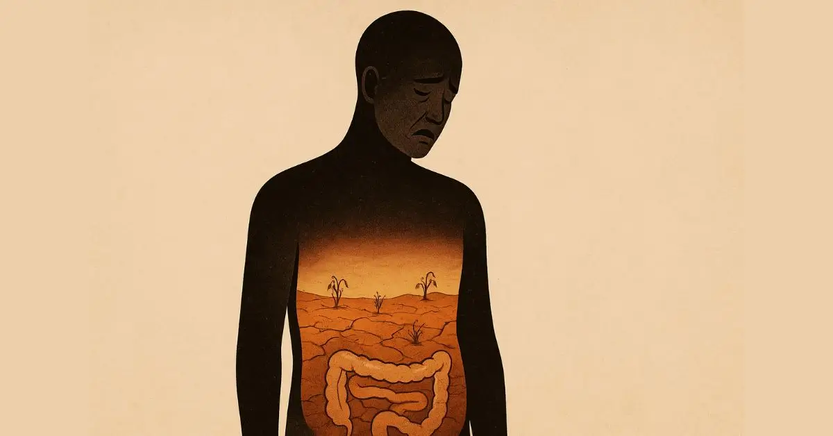 Ilustração mostrando os sintomas de falta de probióticos, com uma microbiota intestinal empobrecida e desértica