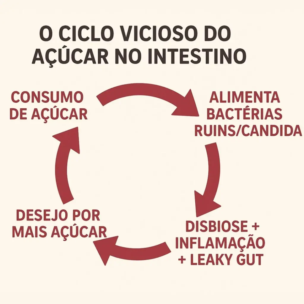 Infográfico mostrando o ciclo vicioso de como o açúcar afeta a microbiota intestinal e perpetua os desejos