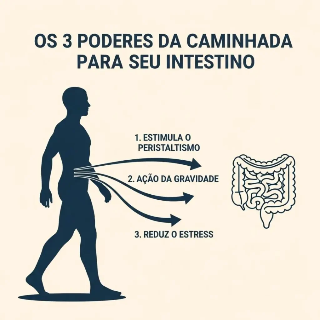 Infográfico mostrando os 3 mecanismos pelos quais caminhar ajuda a aliviar os gases intestinais