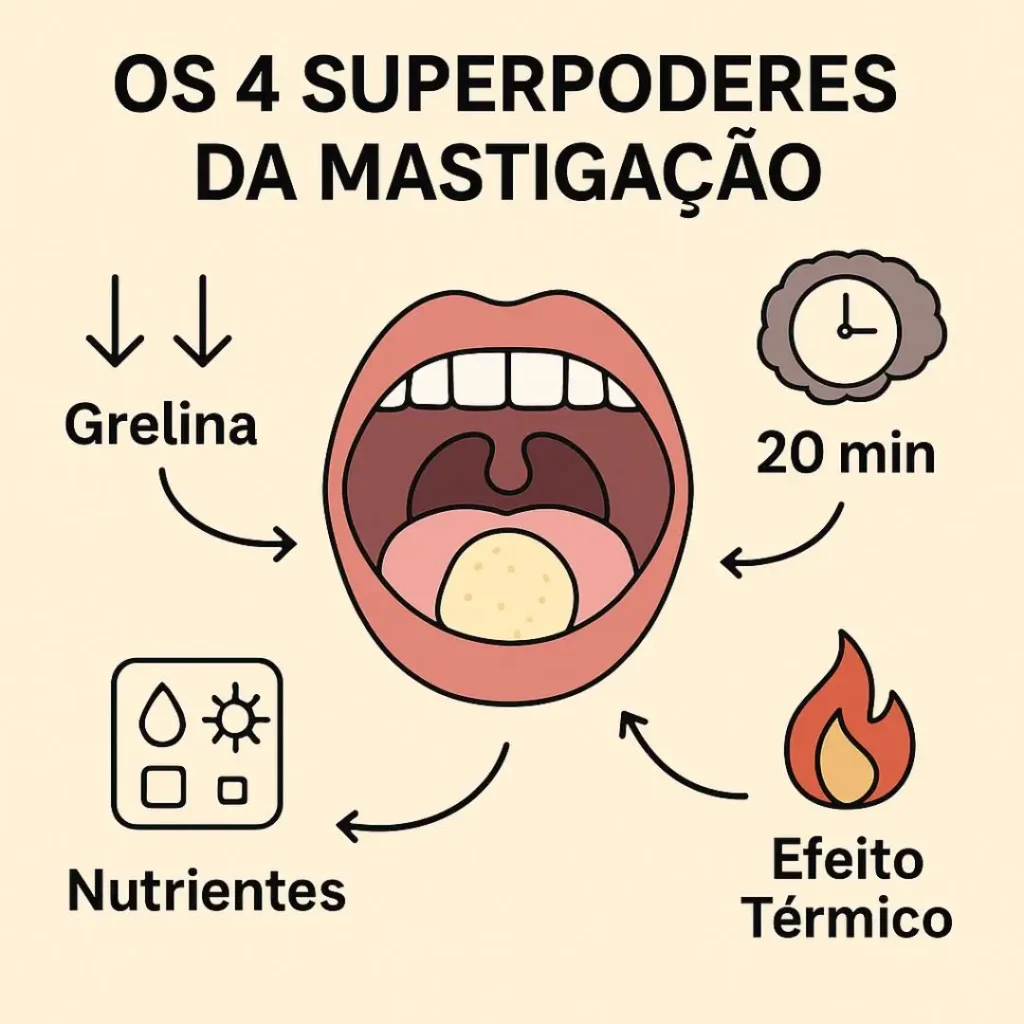 Infográfico mostrando os 4 mecanismos científicos pelos quais mastigar bem ajuda a emagrecer